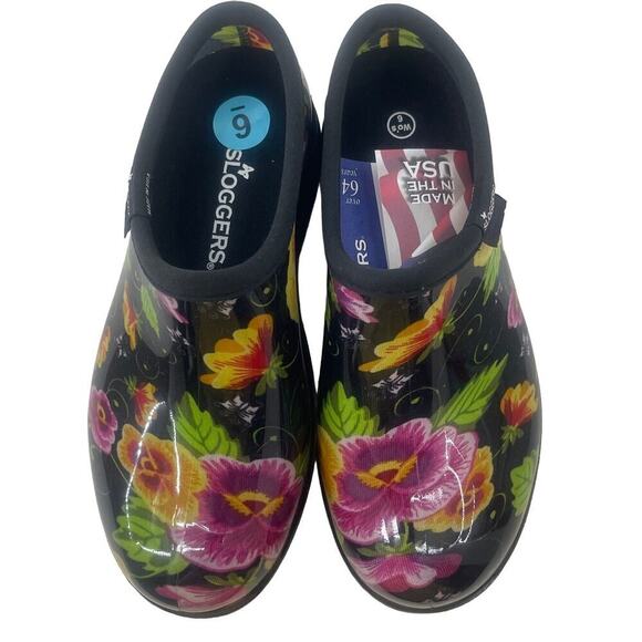 Sloggers Shoes - Sloggers Black Pansy Flowers Rain Shoes Women Size 6 Slip On Garden Shoes New